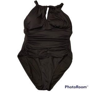 LAUREN Ralph Lauren Black High Ring Neck Low Cut Ruched Bathing Suit 16W